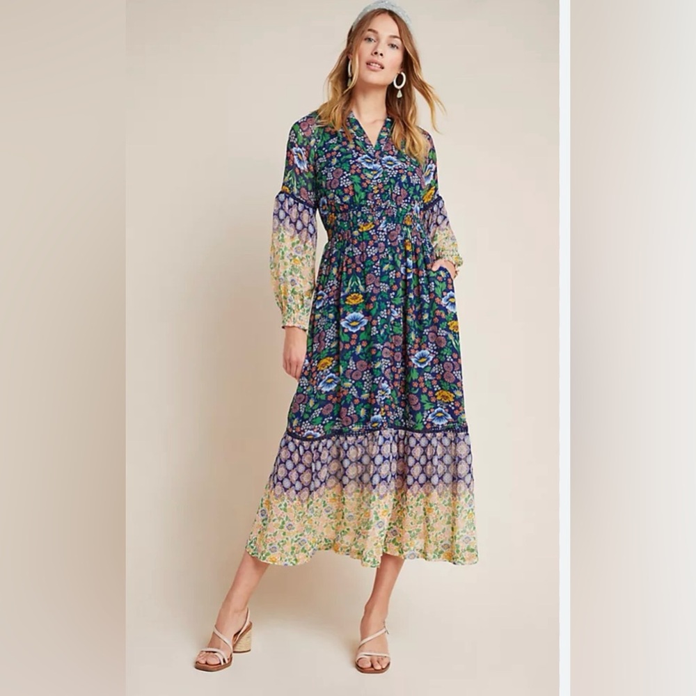Anthropologie Maeve Ondine Maxi Dress in a blue and yellow floral print. Size S - Picture 1 of 8